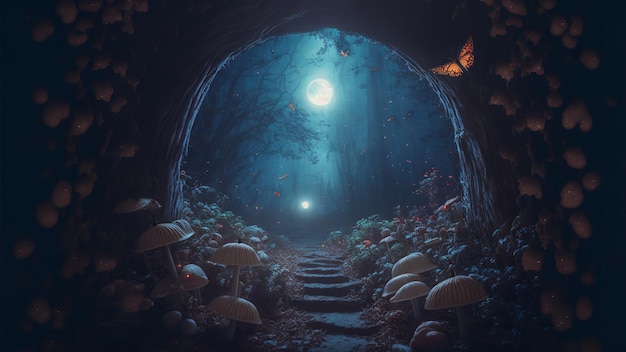 Magical mashroom in fantasy enchanted fairy tale forest with lots of brighness and lighting