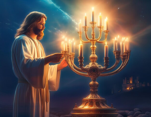 Magical Moments Jesus Lighting a Surreal Glowing Menorah in a Fantasy Setting