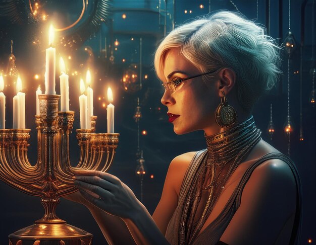 Photo magical moments lighting a surreal glowing menorah in a fantasy setting