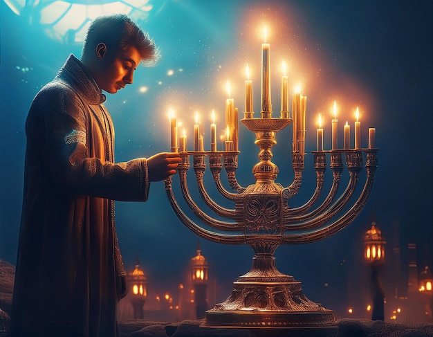 Magical Moments Lighting a Surreal Glowing Menorah in a Fantasy Setting