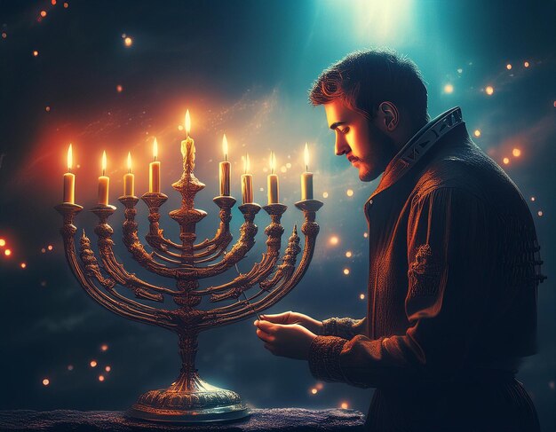 Magical Moments Lighting a Surreal Glowing Menorah in a Fantasy Setting