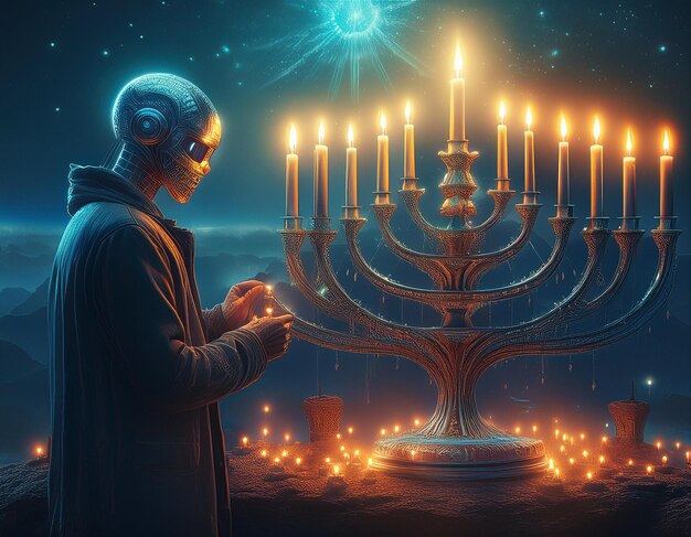 Magical MomentsCyborg Lighting a Surreal Glowing Menorah in a Fantasy Setting