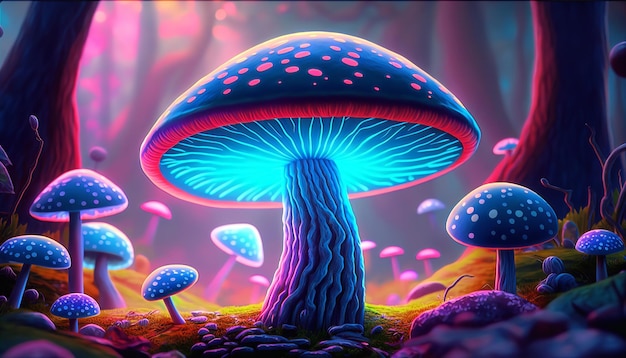 Magical Mushroom in fantasy enchanted fairy tale forest Generative Ai