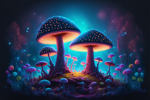 Magical Mushroom in fantasy enchanted fairy tale forest Generative Ai