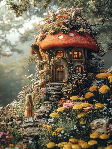 A Magical Mushroom House in a Flowery Forest