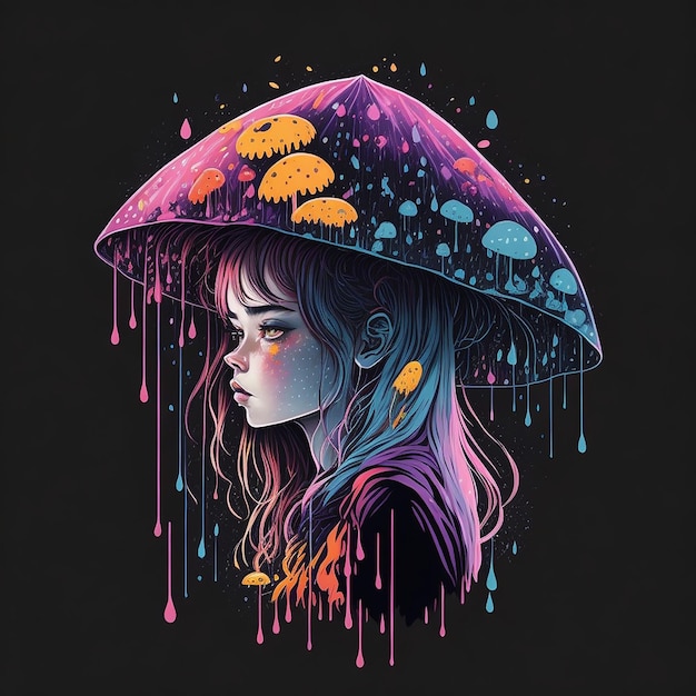 Magical mushroom with girl splash effect illustration