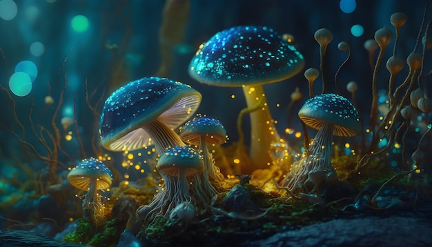 Magical mushrooms in dark mystery forest