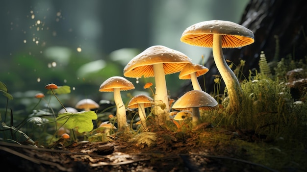 Photo magical mushrooms on an enchanted forest floor