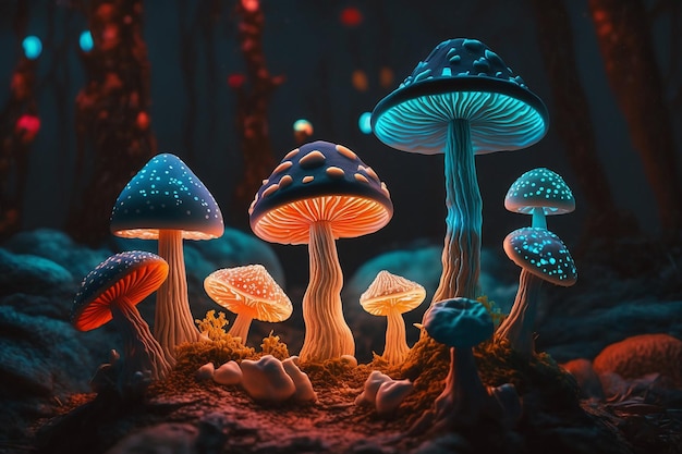 Magical mushrooms glowing toadstools of different colors in the forest