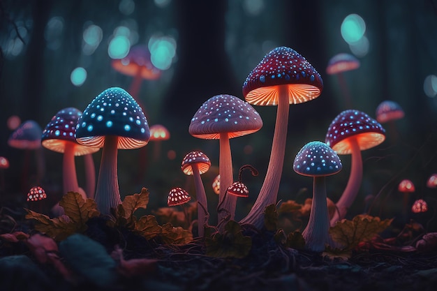 Magical mushrooms glowing toadstools of different colors in the forest