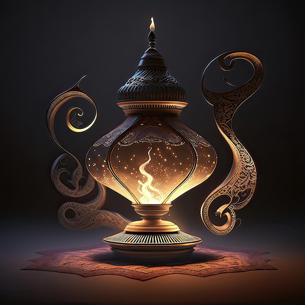 Magical mysterious aladdin lamp Magical oriental lamp the lamp of fulfillment of desires on a dark background Arabic tales and myths Jin and the fulfillment of three wishes Generative of AI