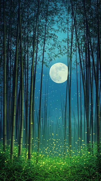 Photo a magical night in a bamboo forest illuminated by glowing fireflies under the full moon