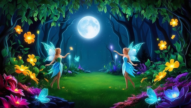 Photo magical night forest glowing flowers and fairies wallpaper