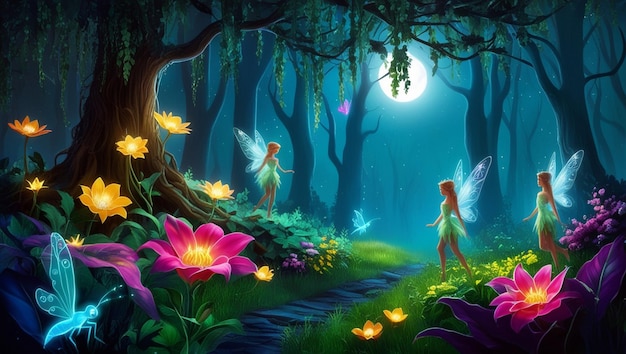 Photo magical night forest glowing flowers and fairies wallpaper