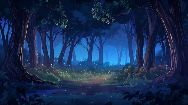 Magical night forest path with twinkling fireflies and glowing mushrooms