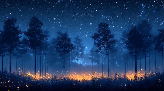 Photo a magical night in the forest with glowing fireflies and a starry sky