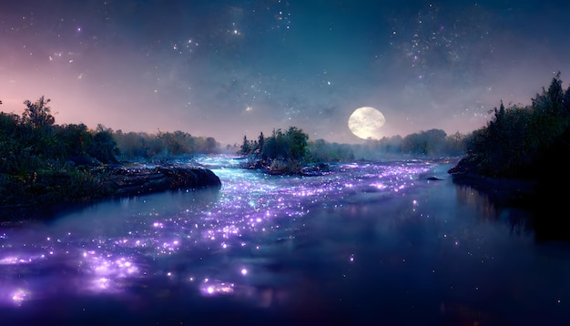 Magical night river landscape with bioluminescent blue water glowing particles starry sky and moon neural network generated art