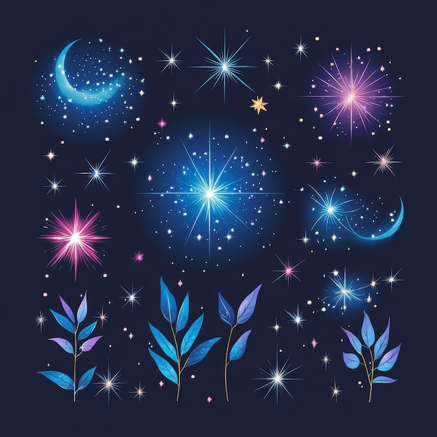 Photo magical night sky with stars moon and leaves illustration