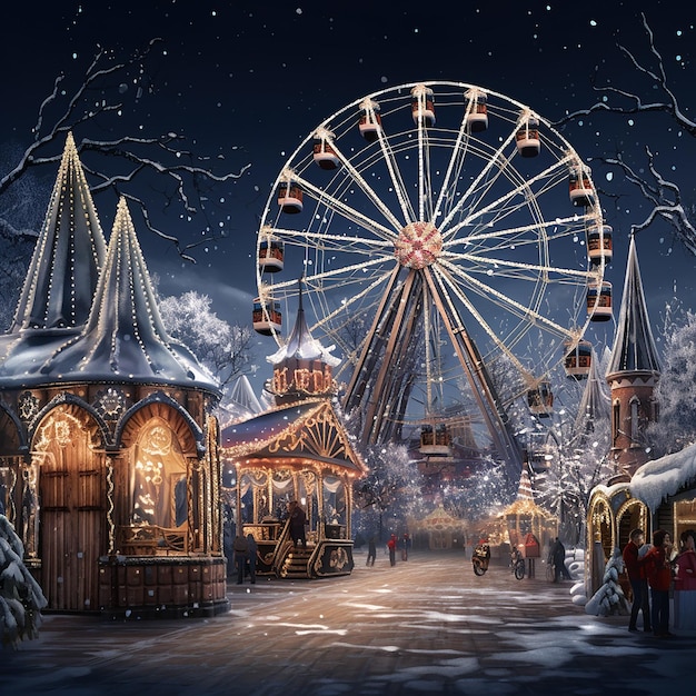 magical nighttime Christmas fair with illuminated house Ferris wheel and snowfall