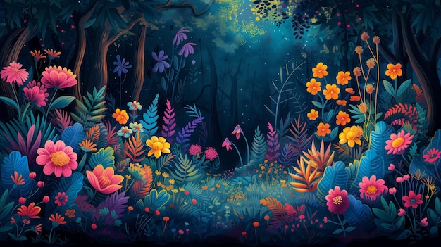 Magical Nighttime Forest Filled with NeonColored Flora