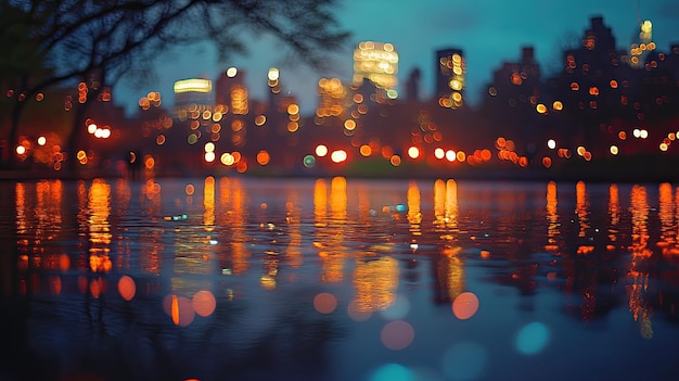 Photo magical nighttime glow tranquil and captivating bokeh lights in central park