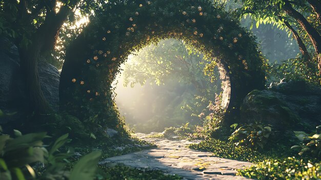 Photo magical overgrown stone archway in a lush forest