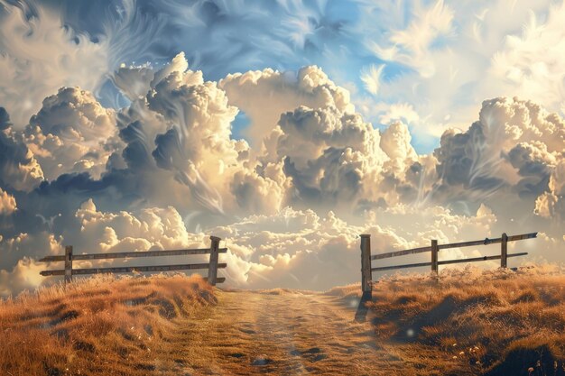 Photo a magical pathway leading to a wooden fence under a spectacular sky filled with swirling clouds and bright sunlight evoking adventure