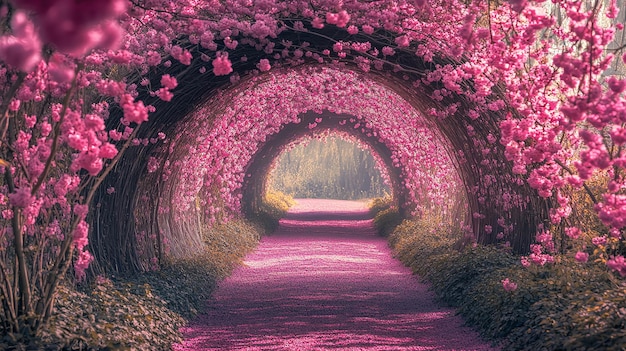 Photo a magical pathway lined with vibrant pink cherry blossoms creates a stunning tunnel of flowers