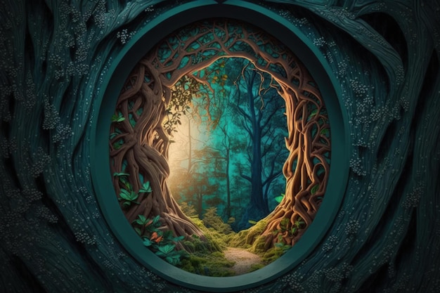 A magical portal is located in a magical forest in a fantastical world Fairy door