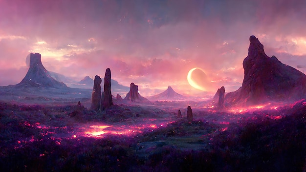 A magical portal on the surface of an alien planet in a purple glow 3d illustration