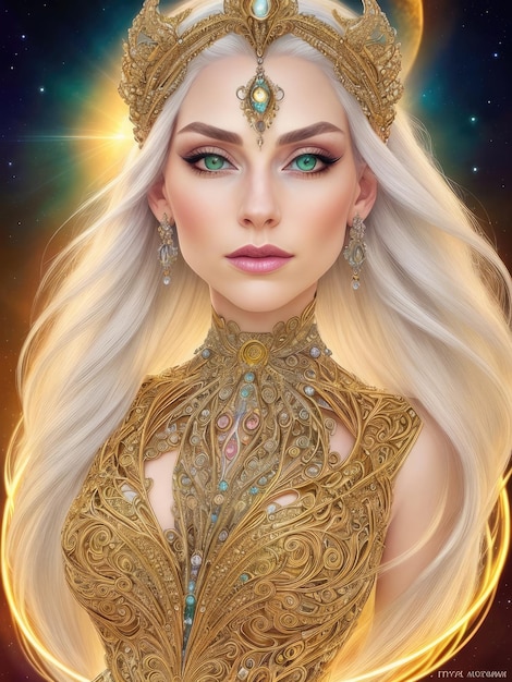 Magical portrait of a woman in a golden dress