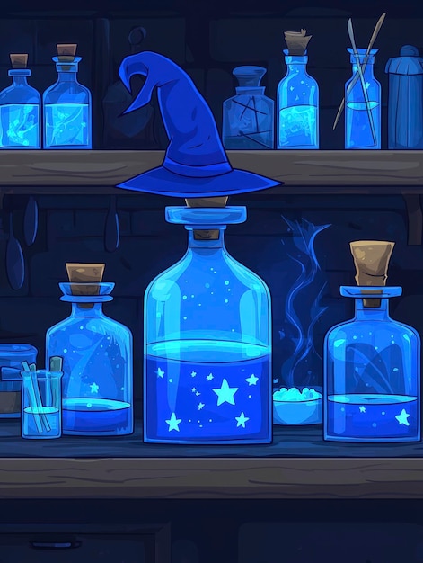 Photo magical potions on a shelf