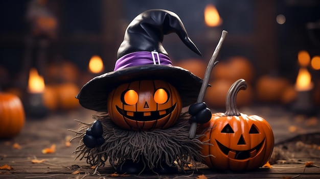 Magical Pumpkin Halloween Background featuring a Pumpkin Transformed into a Witch with Hat and Wand