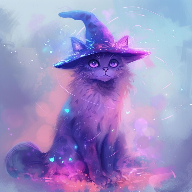 Photo a magical purple cat wearing a witchs hat sits in a colorful fantasy landscape surrounded by glowin