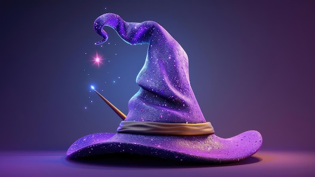 Photo a magical purple wizard hat with sparkling stars and a wand symbolizing enchantment and fantasy