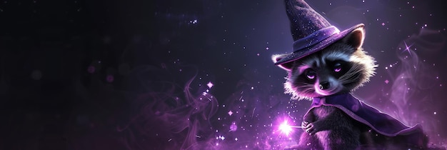 Photo magical raccoon wizard with purple smoke and stars