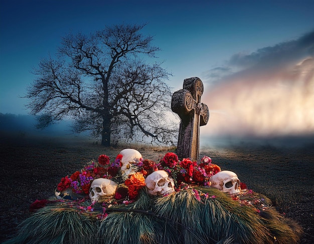 Photo a magical realism scene blending the world of the living and dead dia de muetos