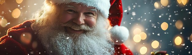 Photo magical santa delivering gifts with joyful expression surrounded by soft focus bokeh lights festiv