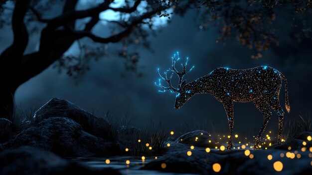 Photo a magical scene featuring a luminescent deer standing in a mystical forest illuminated by glowing orbs and soft blue light