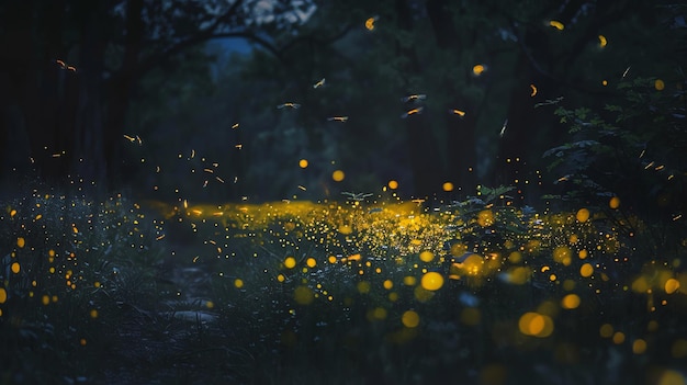 Photo a magical scene of fireflies glowing in the dark forest