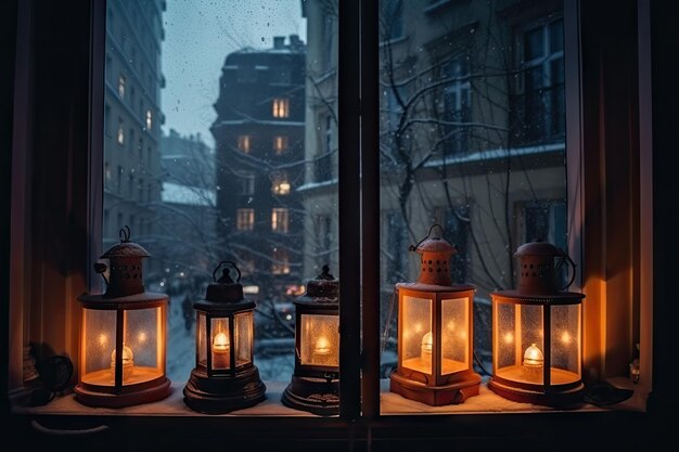 Magical scene of lanterns in the snow on a window with view to the street