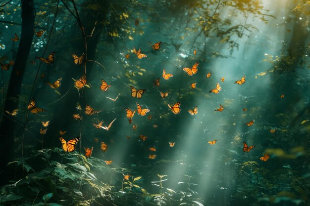 Magical scene of numerous butterflies soaring in a misty sunlit enchanted forest