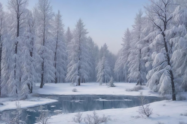 A Magical Scene of SnowCovered Trees and a Frozen Lake Embracing Winter's Charm