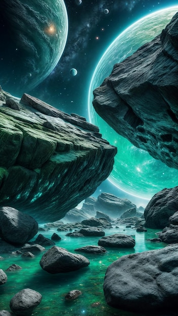 a magical scenery of green surface planet that surrounded by rocks green crystal and the ocean