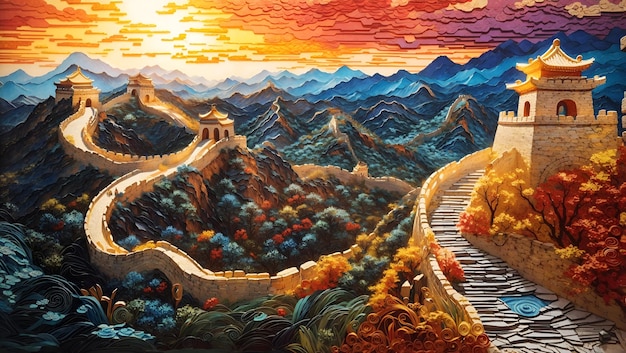 Magical scenic great wall of china with filigree paper quilling art design wallpaper generated by AI