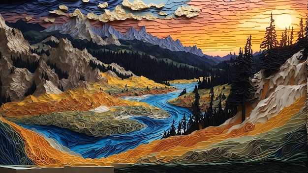 Magical scenic of yellowstone national park with filigree paper quilling art design generated by AI