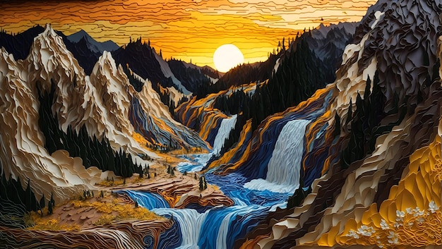 Magical scenic of yellowstone national park with filigree paper quilling art design generated by AI