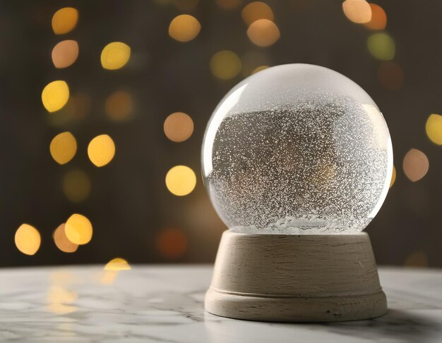 Photo magical snow globe a festive christmas scene on marble table with sparkling lights