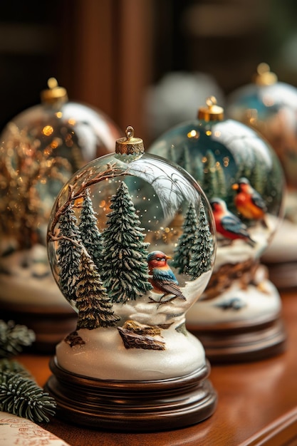 Photo magical snow globes a set of four enchanting snow globes featuring colorful trees and birds