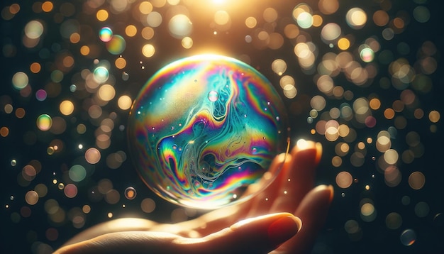 Magical Soap Bubble in Hand with Sparkling Bokeh